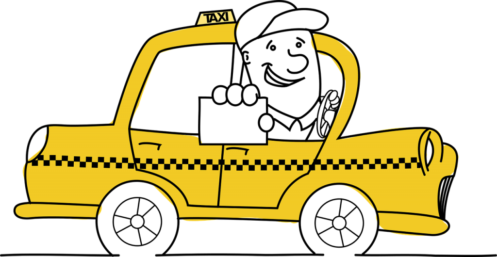 מונית מצוירת עם נהג מחזיק כרטיס ביקור